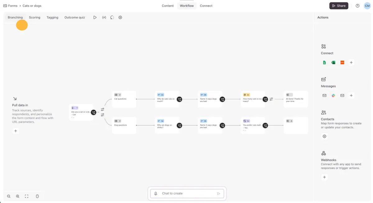 A visual workflow builder showing complex branching logic, an essential feature for advanced typeform alternatives.
