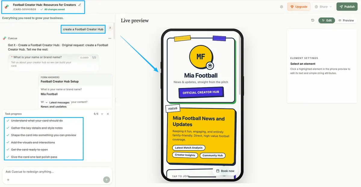Use intuitive live preview builder tools to easily set up and customize a professional football creator hub for your brand.