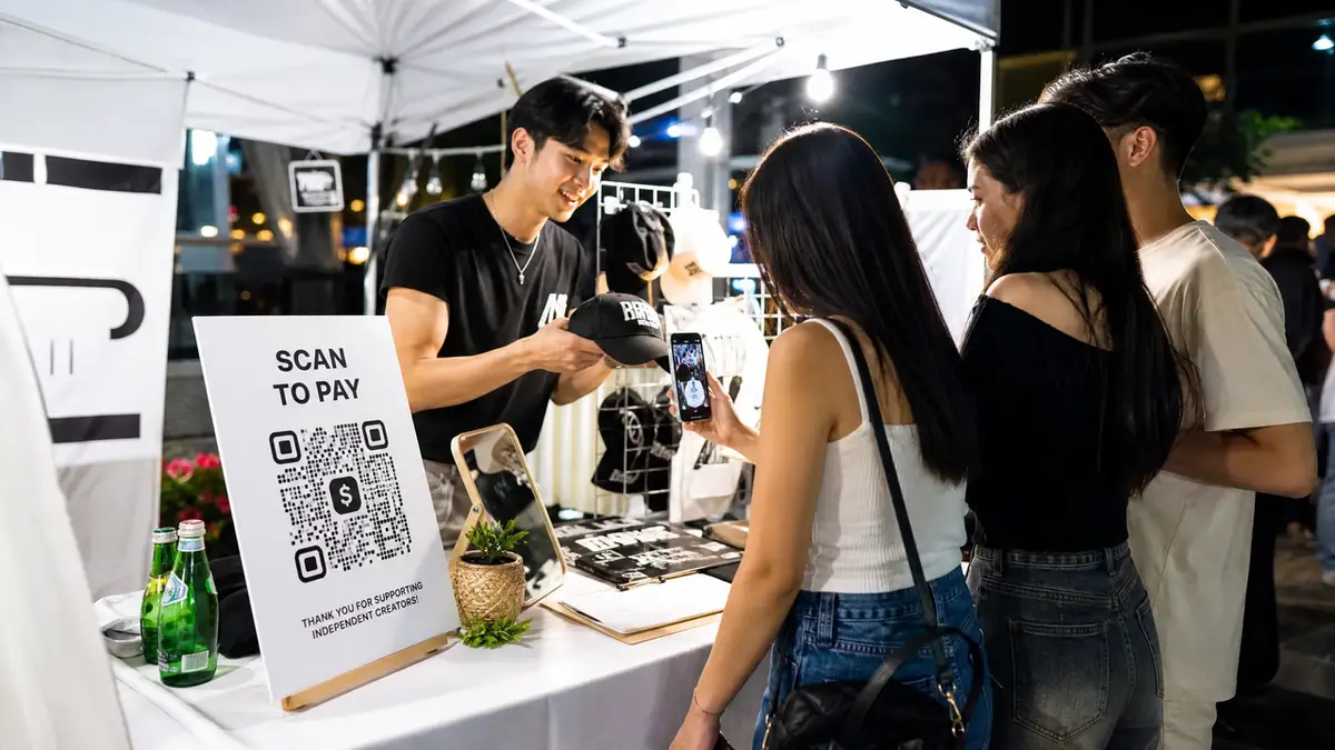 Customers scan a QR code at a vendor stall to easily access a promotional FIFA 2026 campaign page and pay for items.