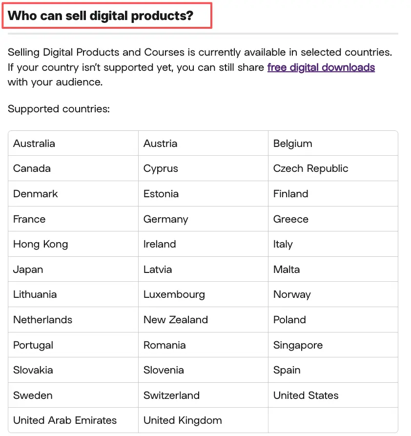 A list of supported countries for digital sales, an important factor when weighing stan store vs linktree options.