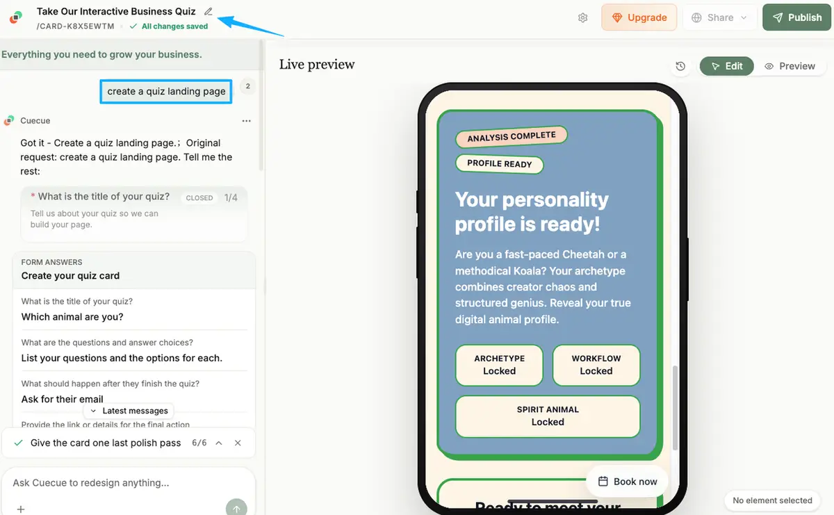 Designing a dynamic quiz lead magnet landing page using an interactive software builder with a mobile live preview.