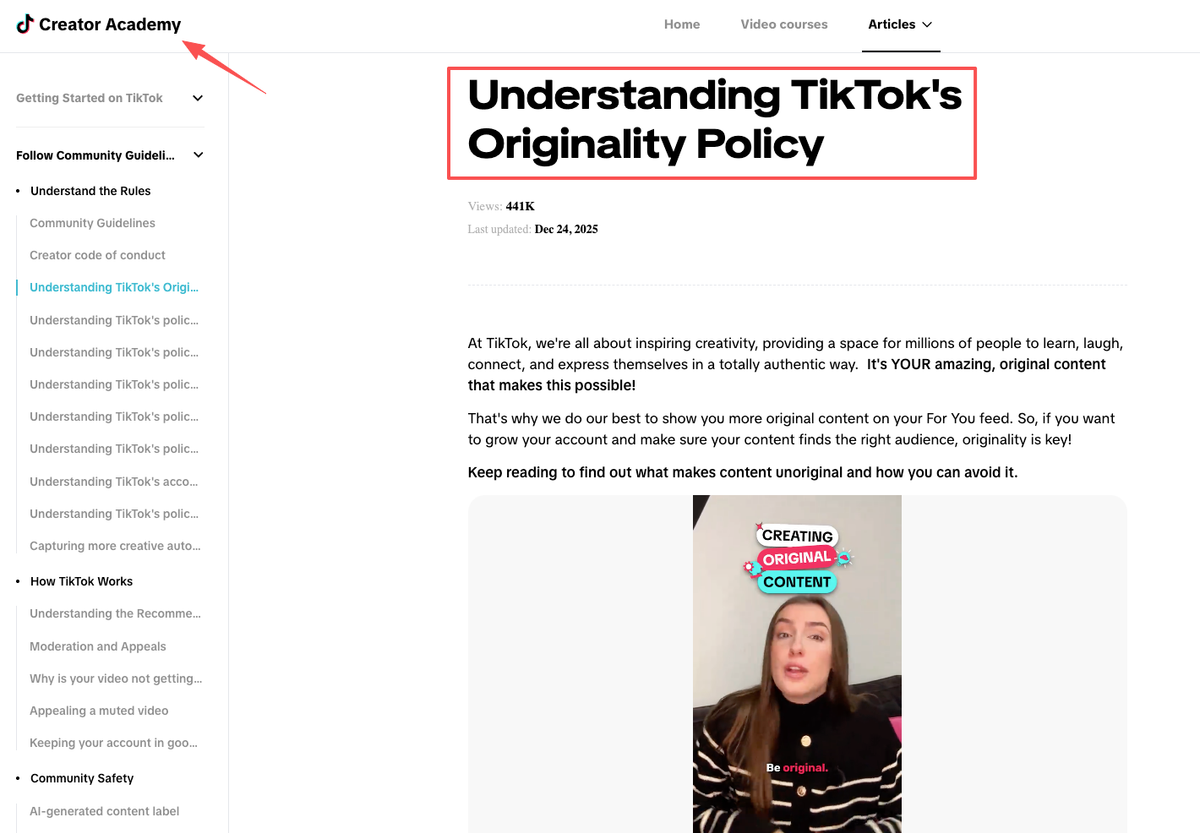 TikTok Creator Academy article explaining originality policies to ensure a compliant video campaign page.