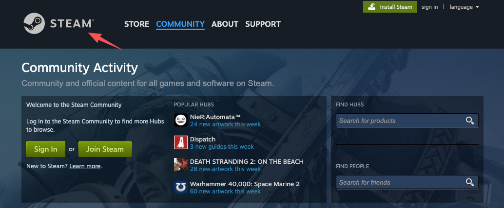 The Steam community homepage, an essential platform to connect and sync your gaming data to your gamer profile page.