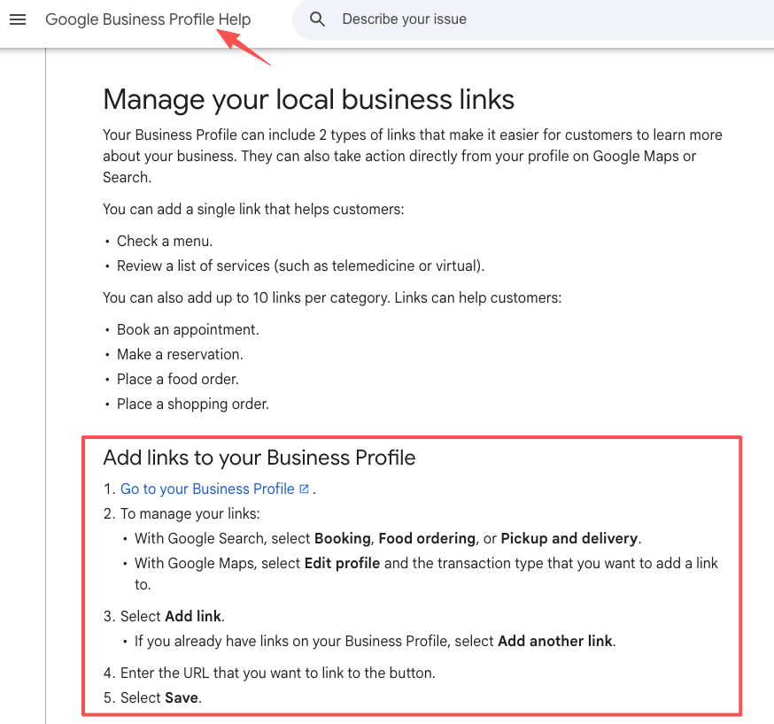 Google Business Profile help page showing how to add local business links, a useful feature when using carrd alternatives.