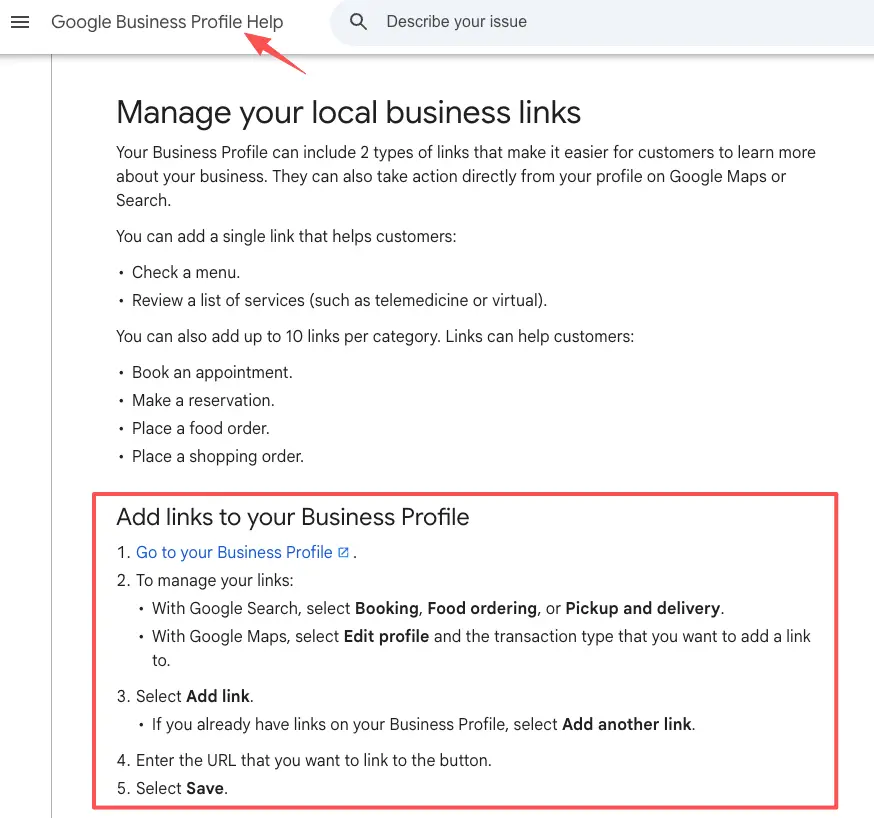 Google Business Profile help page showing how to add local business links, a useful feature when using carrd alternatives.