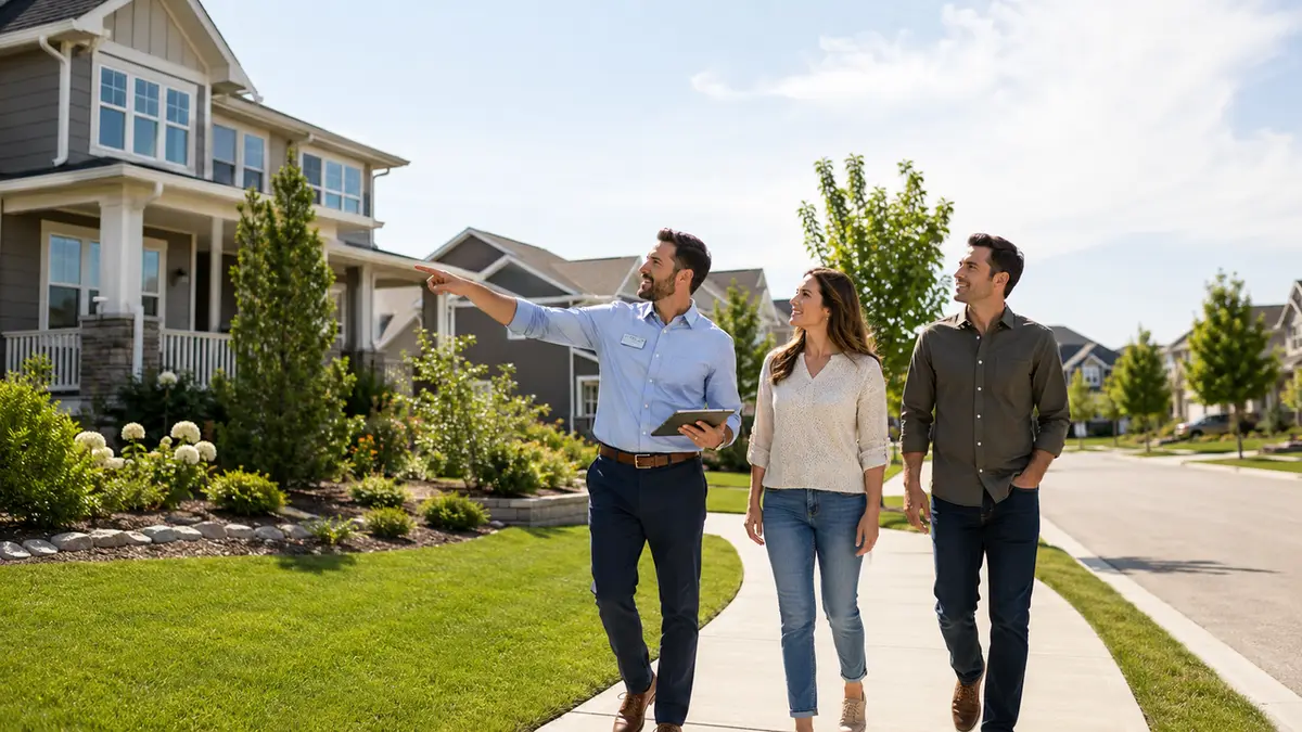 Professional agent walking with clients, showing expertise often highlighted in realtor bio examples.