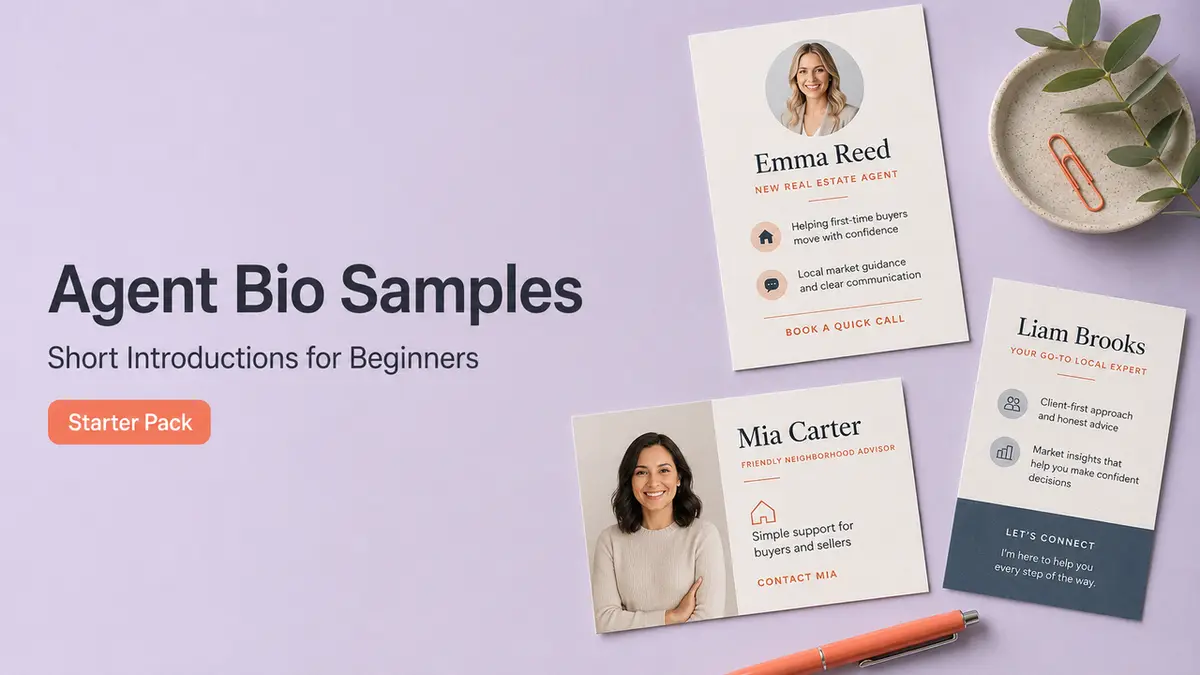 View three printed short new real estate agent bio samples designed for beginners.