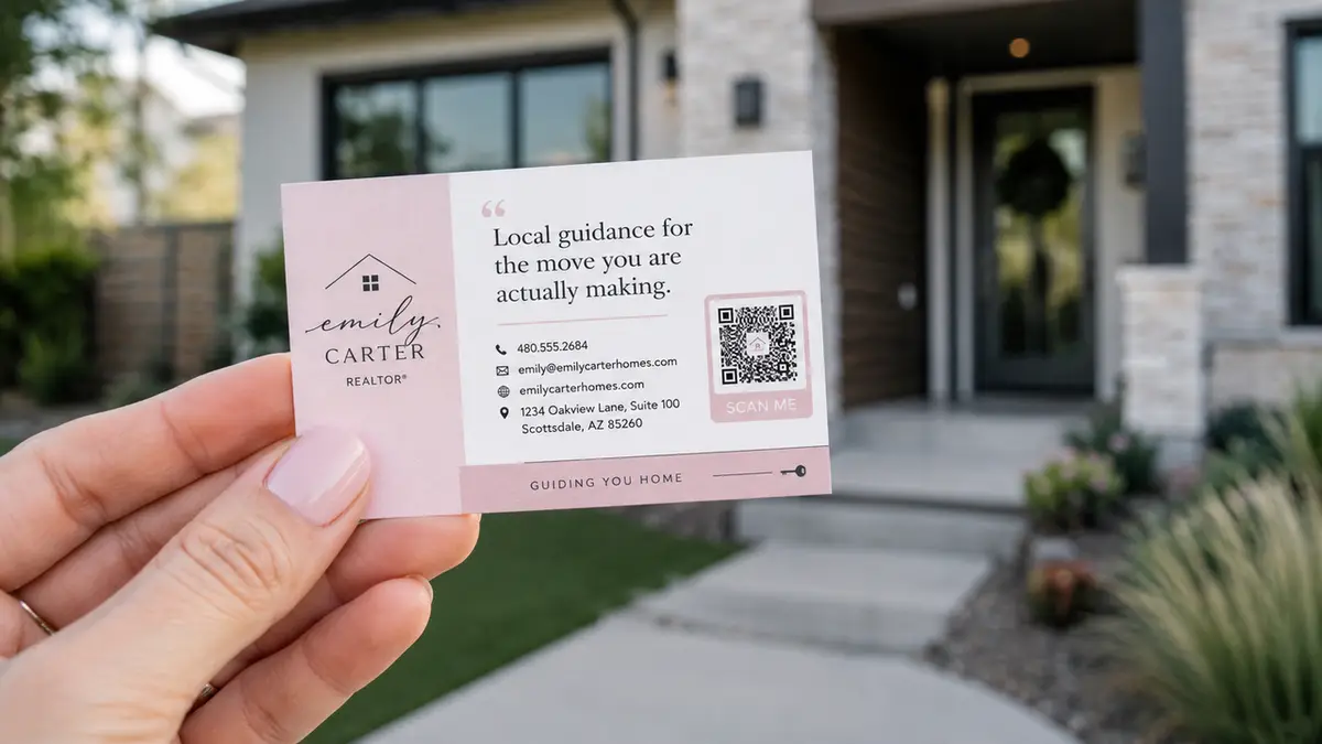Hand holding a pink real estate card featuring realtor business card quotes and a scannable QR code.
