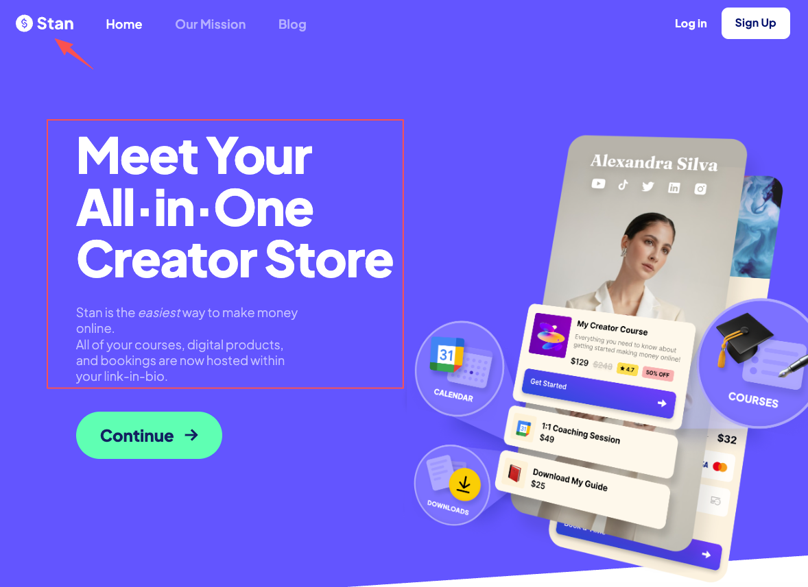 Stan homepage showing an all-in-one creator platform mockup, relevant for a Stan Store vs Shopify comparison.
