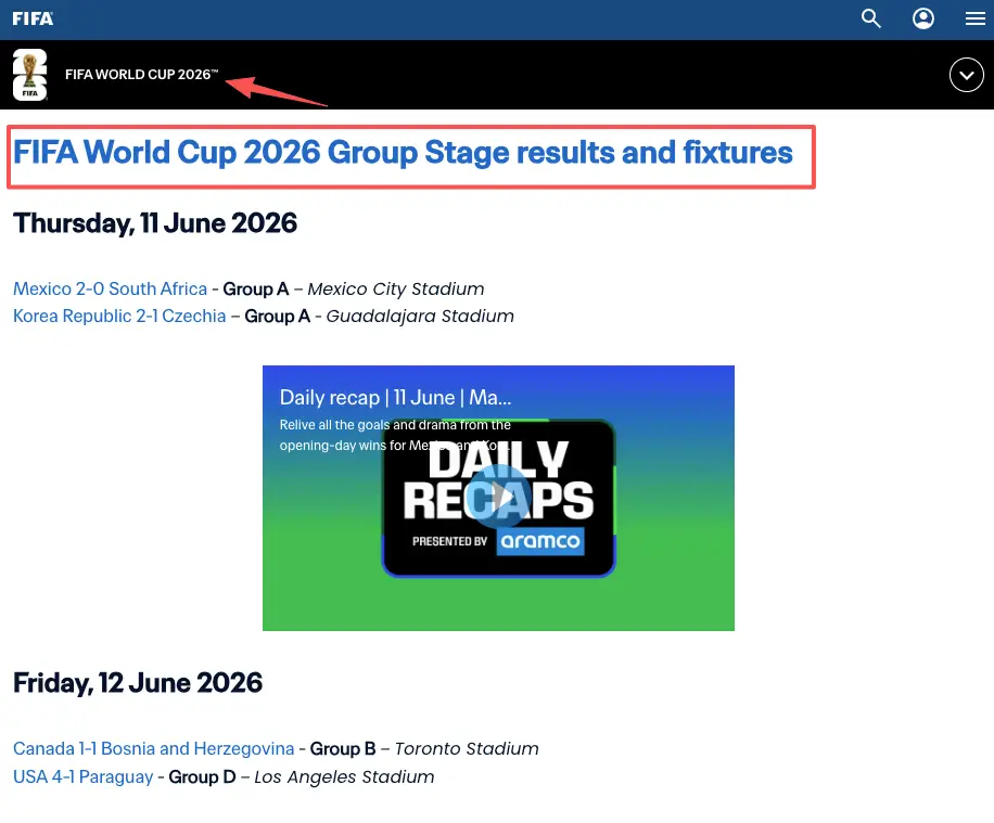 Official FIFA World Cup 2026 group stage results and fixtures screenshot showing match scores, perfect for planning your FIFA watch party page and live event RSVPs.
