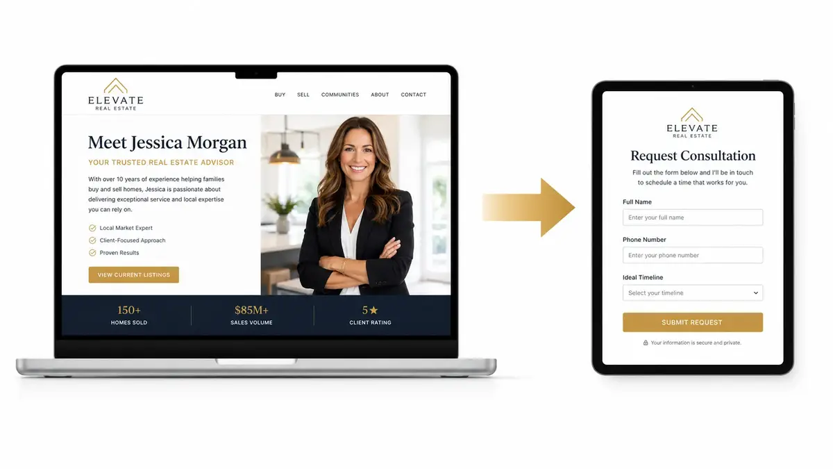 Modern real estate website showing Jessica Morgan’s professional bio with photo, credentials, and consultation form. Excellent example of how to write a real estate bio that builds trust and drives leads.