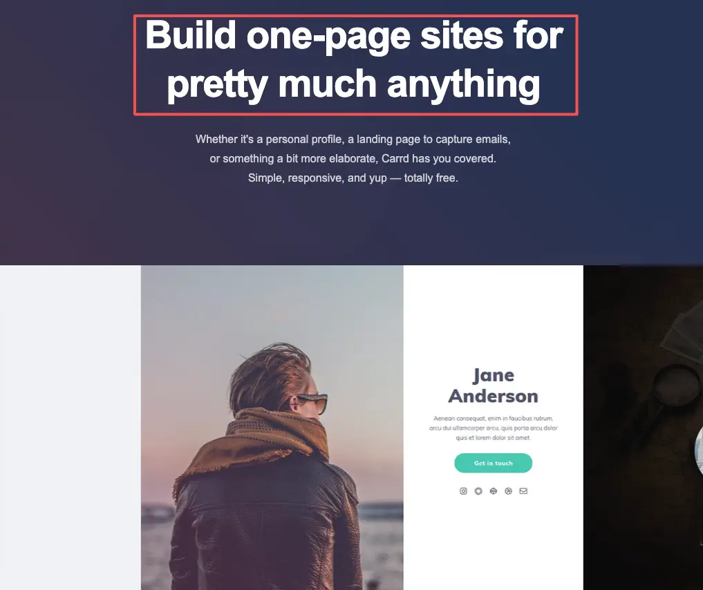 Exploring carrd alternatives by reviewing standard one-page site features, like personal profiles and landing pages.