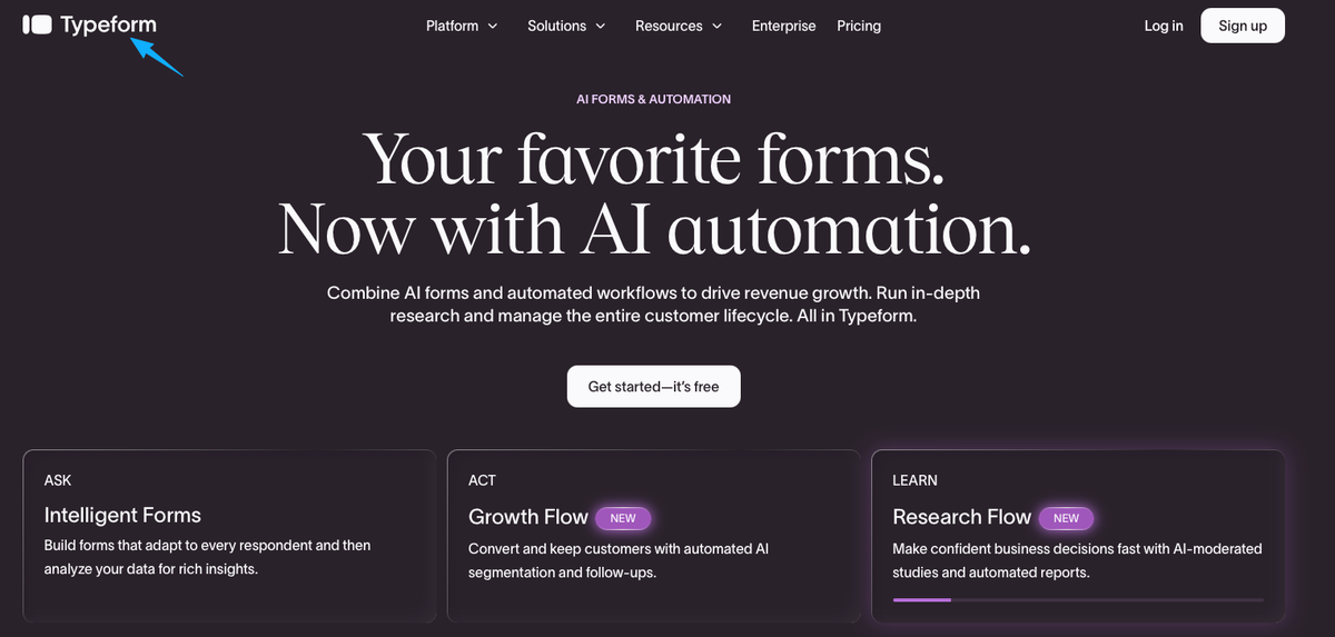 Typeform homepage highlighting AI automation, a key feature to evaluate when comparing different typeform alternatives.