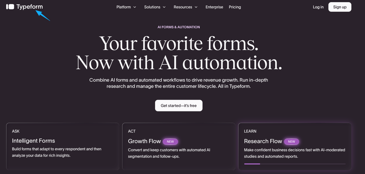 Typeform homepage highlighting AI automation, a key feature to evaluate when comparing different typeform alternatives.