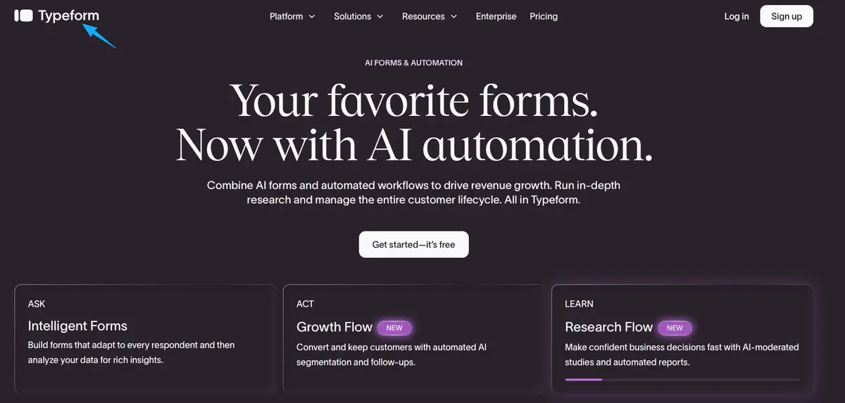 Typeform homepage highlighting AI automation, a key feature to evaluate when comparing different typeform alternatives.