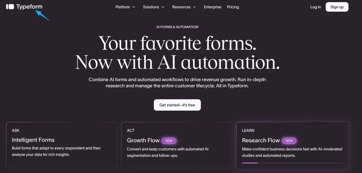 Typeform homepage highlighting AI automation, a key feature to evaluate when comparing different typeform alternatives.