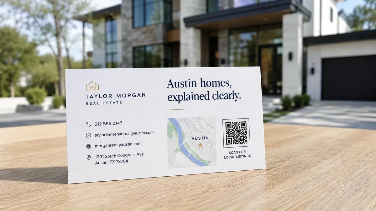 A modern template on a wooden table displaying real estate sayings for business cards and a localized Austin map.
