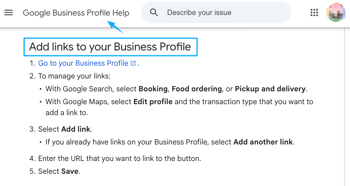 Adding links via Google Business Profile Help, a useful integration for lead generation with typeform alternatives.