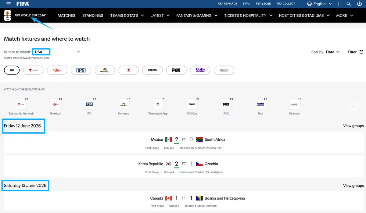 Screenshot of FIFA website fixtures to find dates and times when creating your own world cup match schedule card.