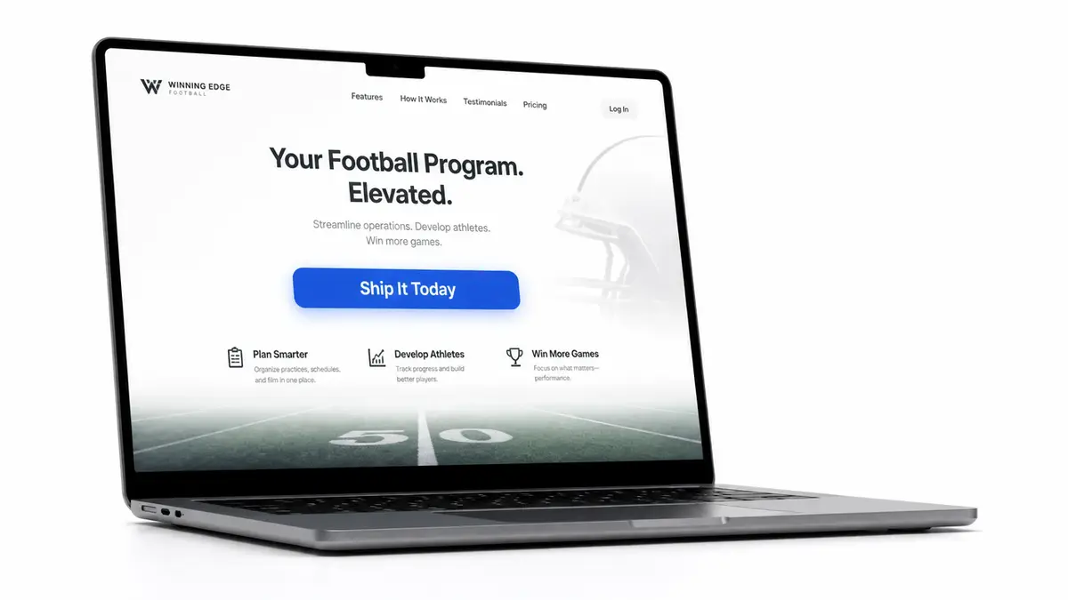 Laptop displaying a modern football program website, serving as layout inspiration for a world cup 2026 landing page.