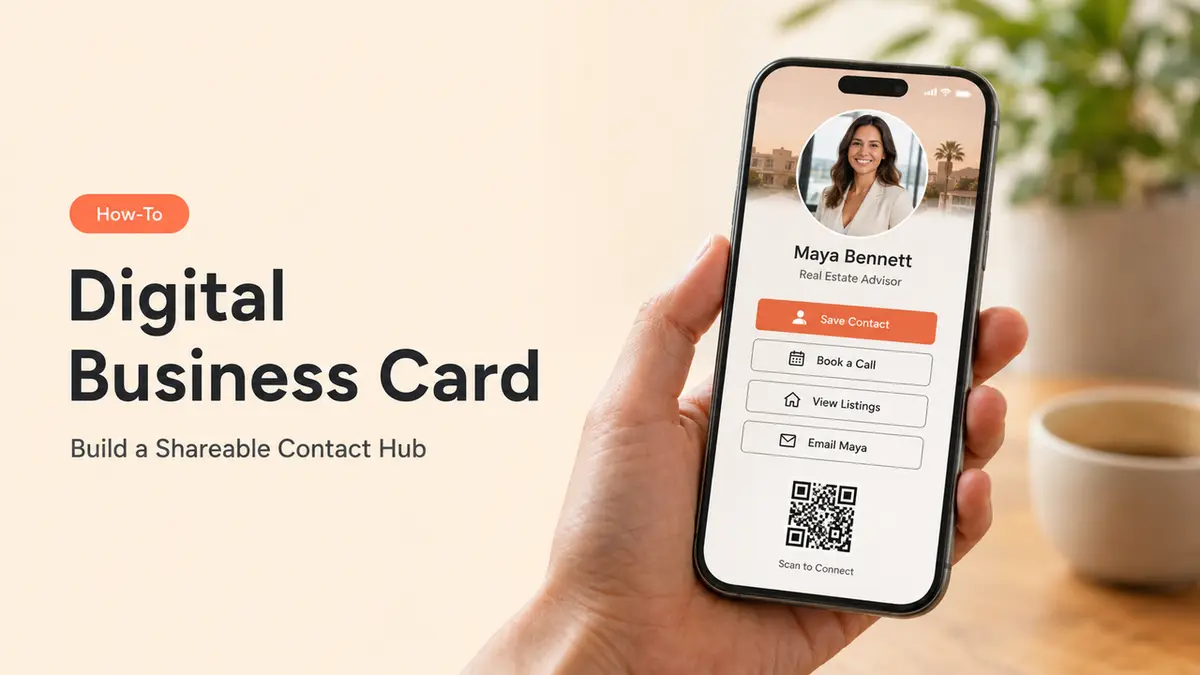 Hand holding an iPhone displaying an example of how to make a digital business card for real estate.