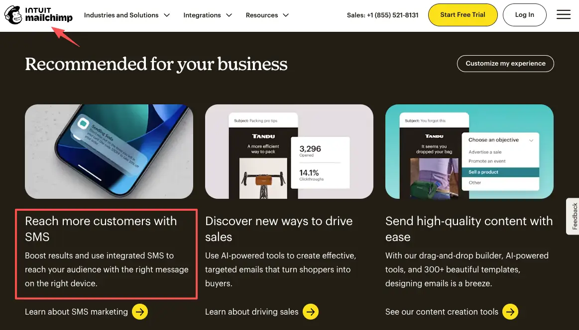 Mailchimp dashboard showcasing features like integrated SMS, useful for communicating via free waitlist software.