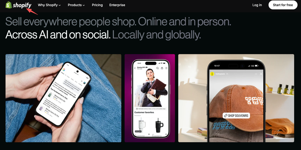 A screenshot of the Shopify homepage promoting its omnichannel commerce capabilities. A powerful platform for those seeking sophisticated linktree alternatives