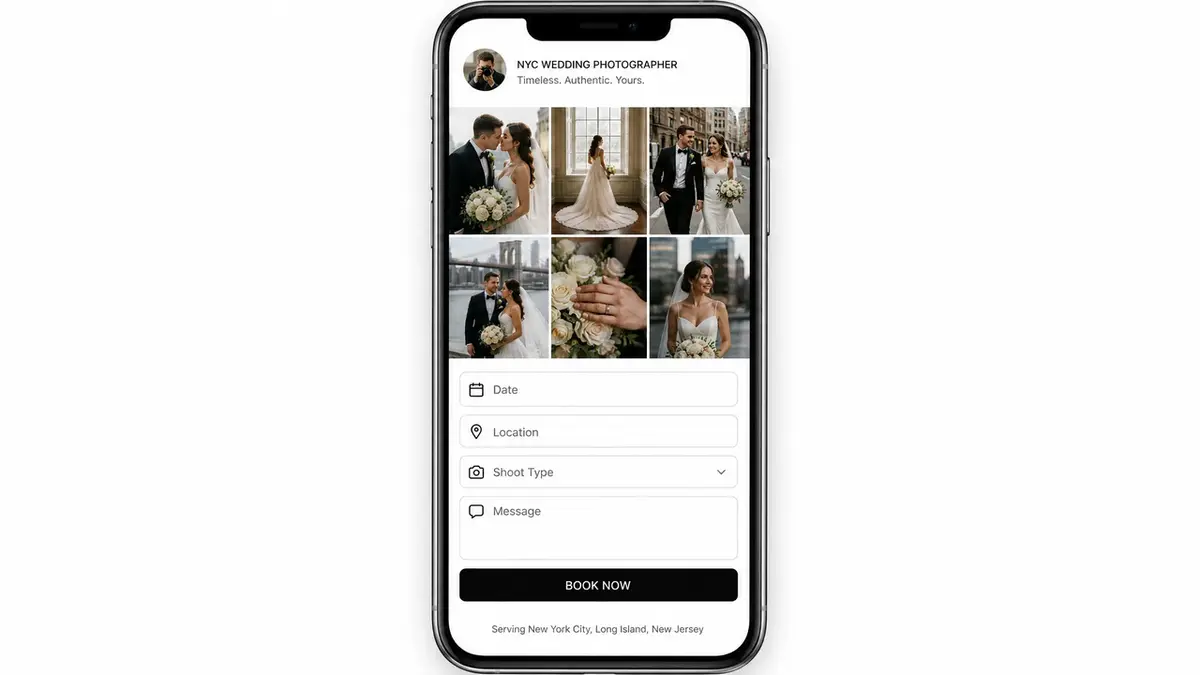 Mobile view of a polished Instagram bio for photographer landing page for NYC wedding photographer. Features hero images, booking form with date, location, and “Book Now” button.