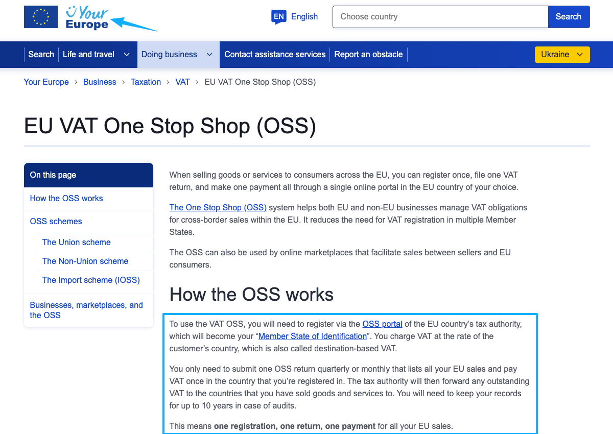 Official EU VAT One Stop Shop (OSS) portal explanation for simplified tax filing when selling across Europe, important consideration when evaluating Gumroad alternatives.