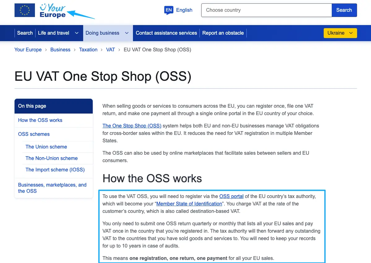 Official EU VAT One Stop Shop (OSS) portal explanation for simplified tax filing when selling across Europe, important consideration when evaluating Gumroad alternatives.