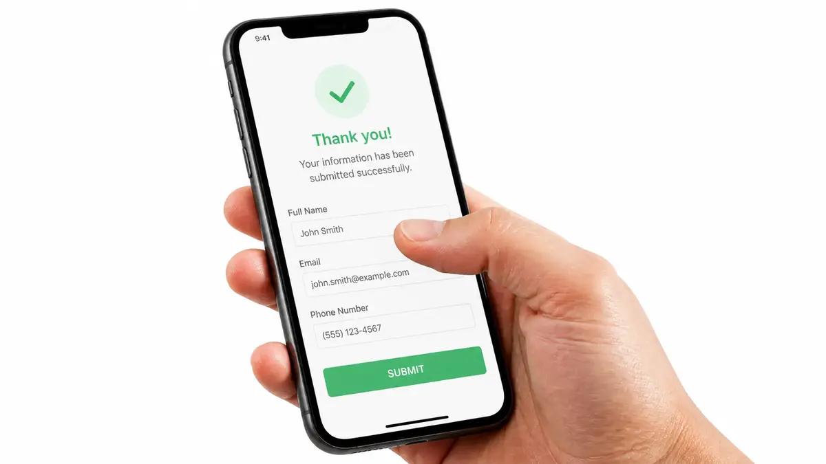 A successful submission confirmation screen displayed on a smartphone after completing a mobile lead form template.