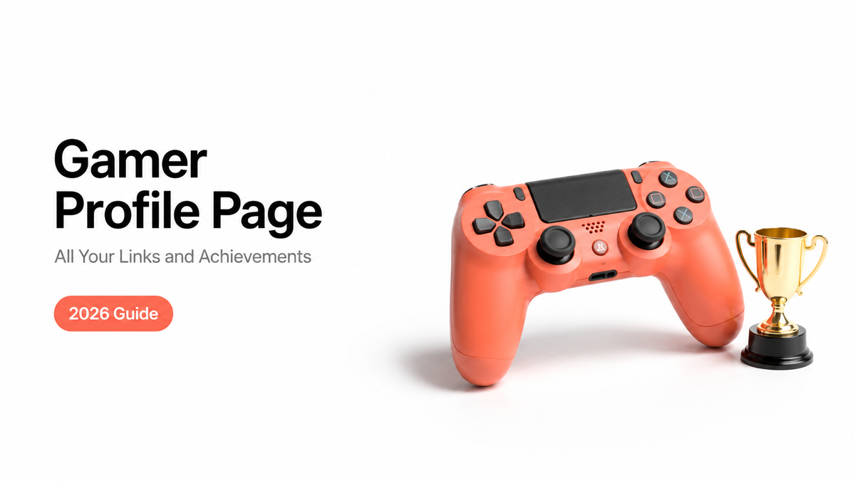 A 2026 guide banner for a gamer profile page featuring a pink gaming controller and a gold trophy on a white background.