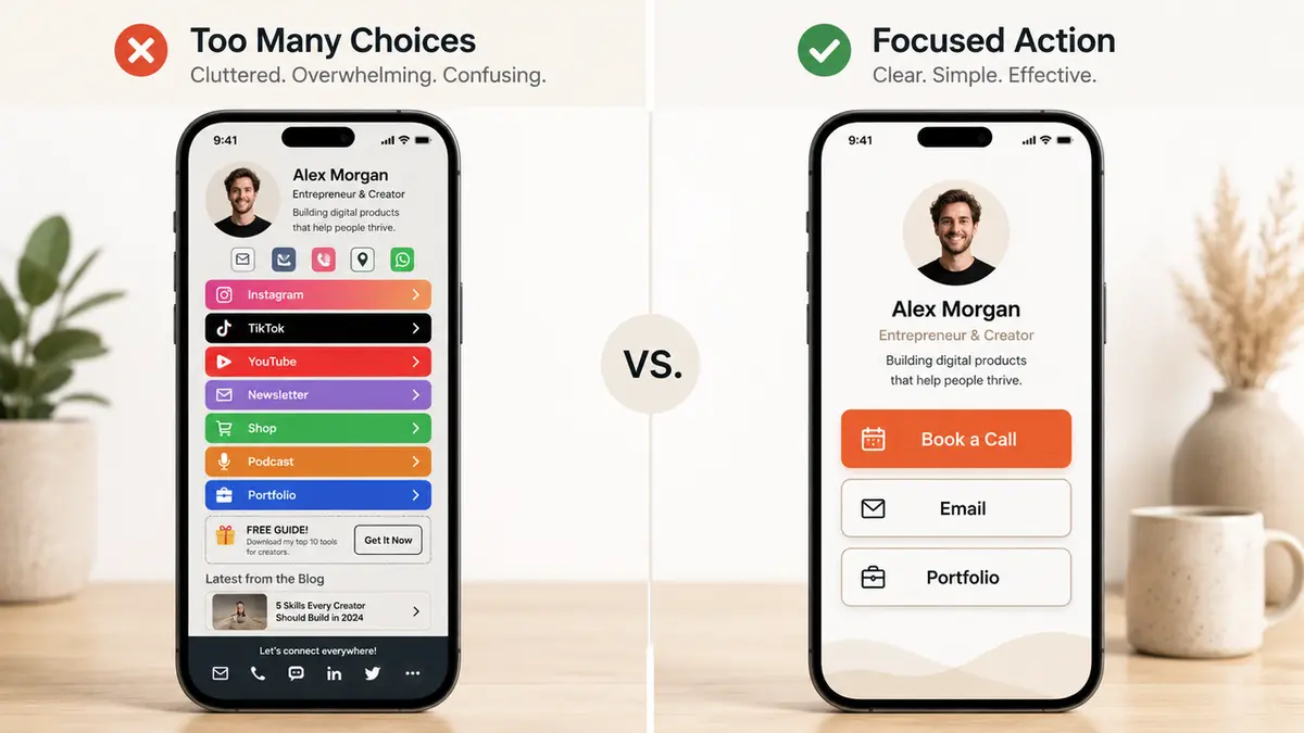Comparison image showing that focused, clear designs work best when learning how to make a digital business card effectively.