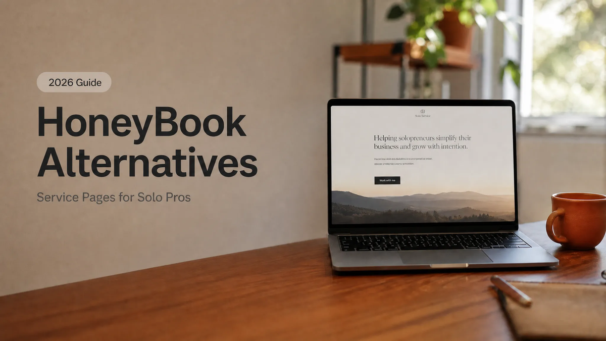 Laptop displaying a 2026 guide for top HoneyBook alternatives, focusing on service pages for solo professionals.