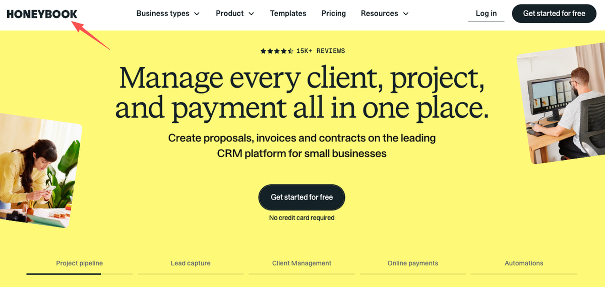 The HoneyBook homepage dashboard, serving as a baseline comparison when evaluating top HoneyBook alternatives.