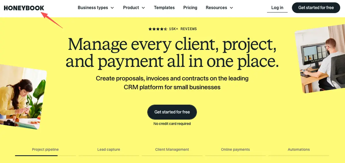 The HoneyBook homepage dashboard, serving as a baseline comparison when evaluating top HoneyBook alternatives.