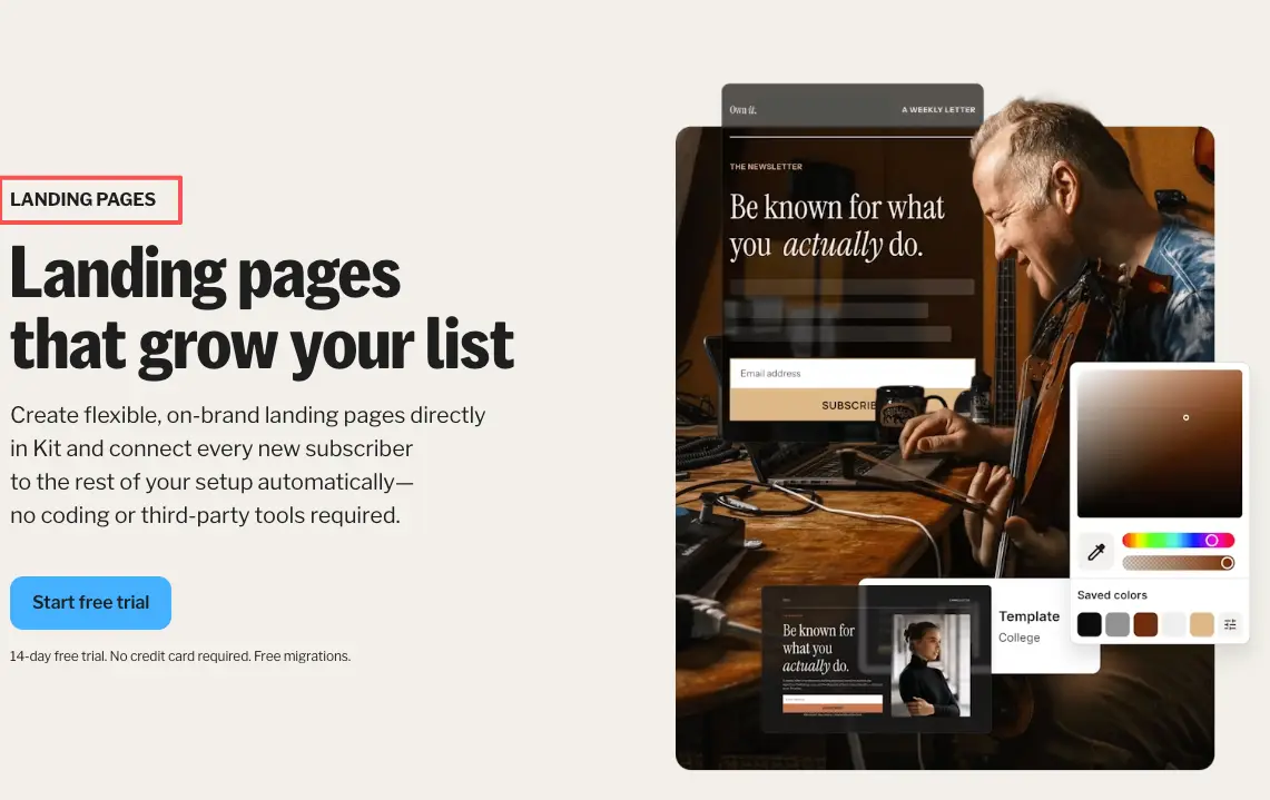 Kit landing page editor displaying 'grow your list', ideal for building an audience with free waitlist so