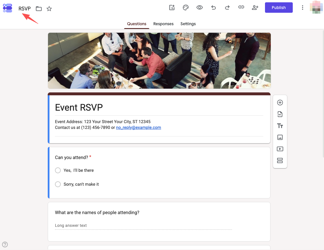 Customize the standard google form rsvp template by editing event details, attendance options, and guest names easily.