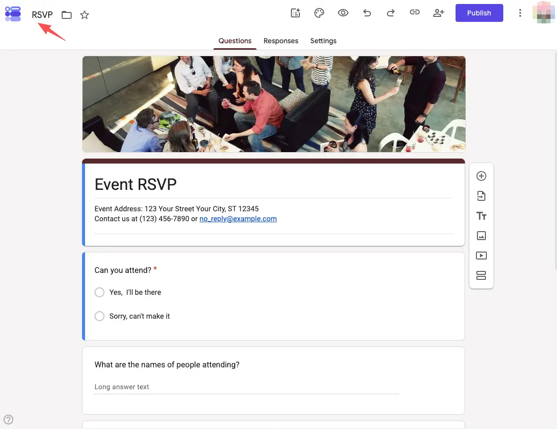 Customize the standard google form rsvp template by editing event details, attendance options, and guest names easily.