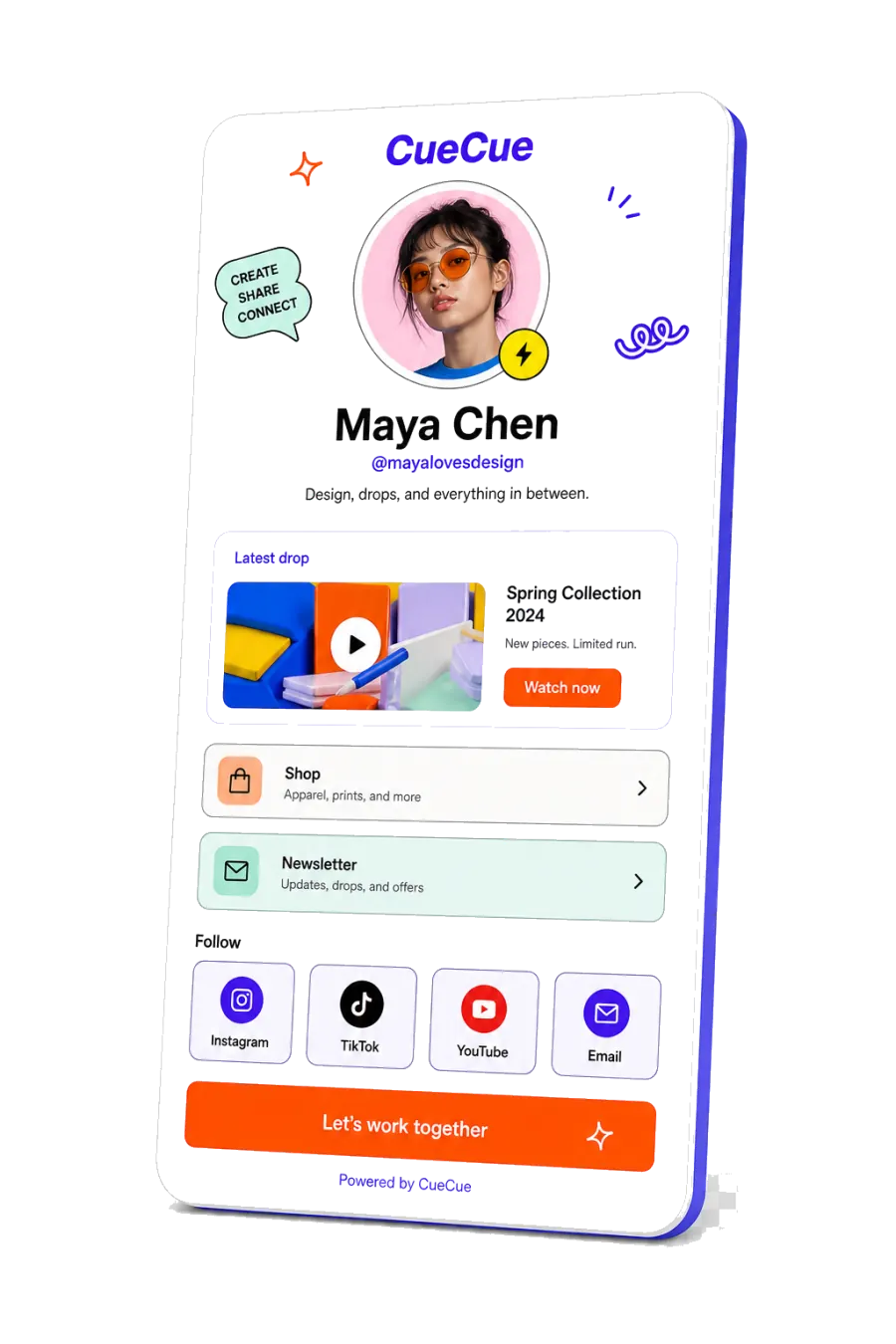 CueCue link-in-bio card shown as a better alternative to a plain Linktree list