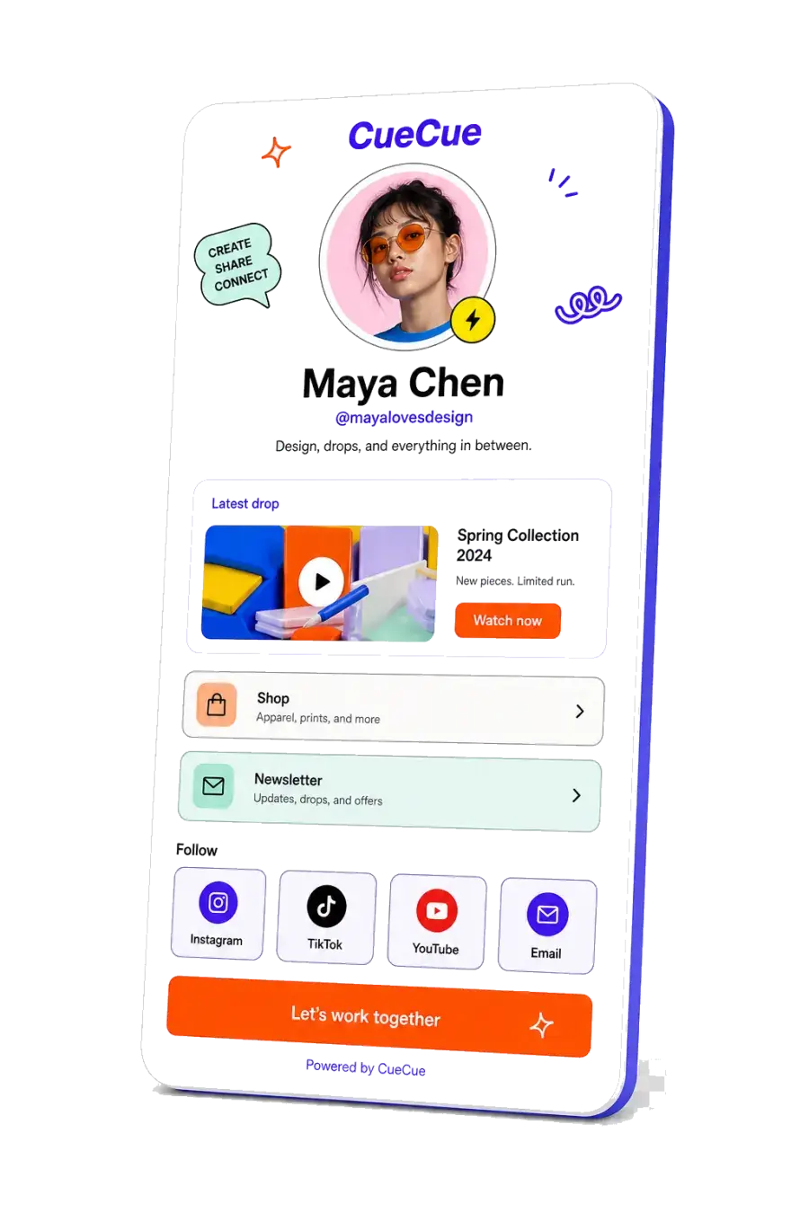 CueCue link-in-bio card shown as a better alternative to a plain Linktree list