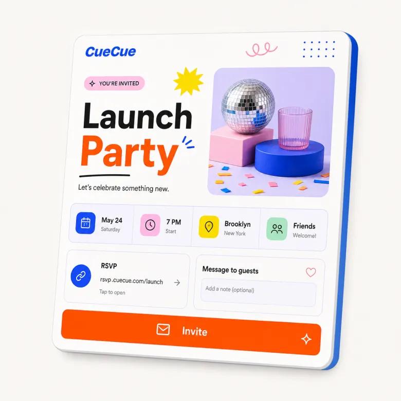 CueCue invitation card used as a visual example for AI-created graphics