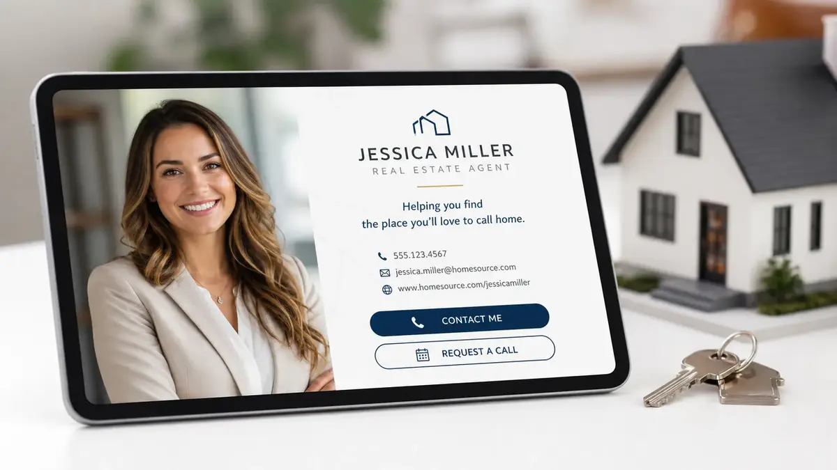 Tablet displaying Jessica Miller’s professional real estate bio with photo, contact details, and branding, accompanied by house keys and model home – premium real estate bio examples for new agents.