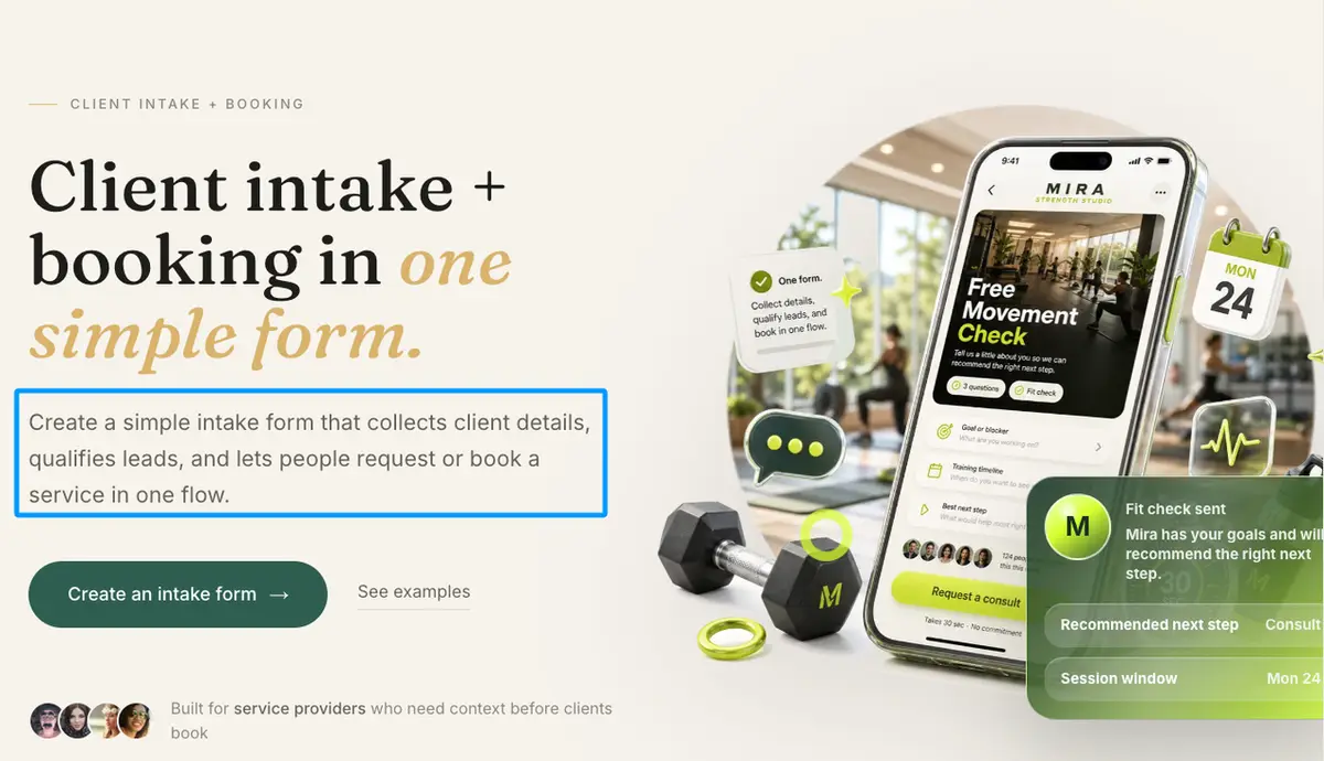 Client intake and booking form paired with short new real estate agent bio samples on mobile.