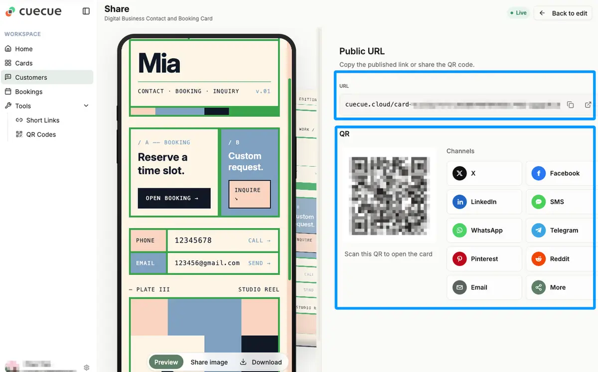 Platform interface showing the final steps of generating a URL and QR code when teaching how to make a digital business card.
