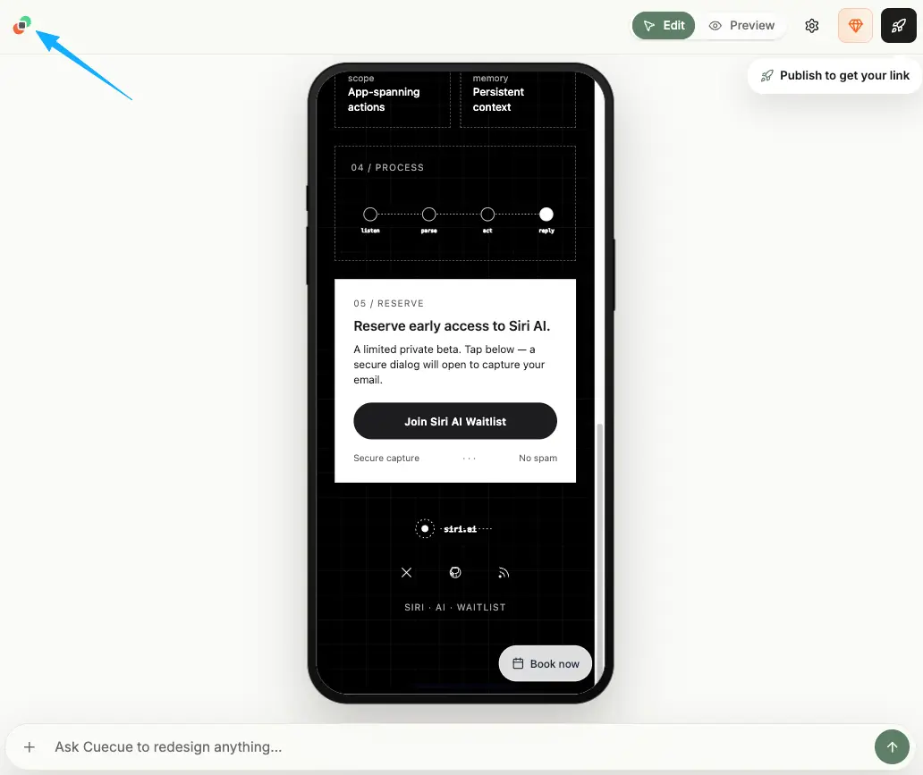 A mobile app interface design displaying a secure sign-up form allowing users to join the exclusive siri ai waitlist.