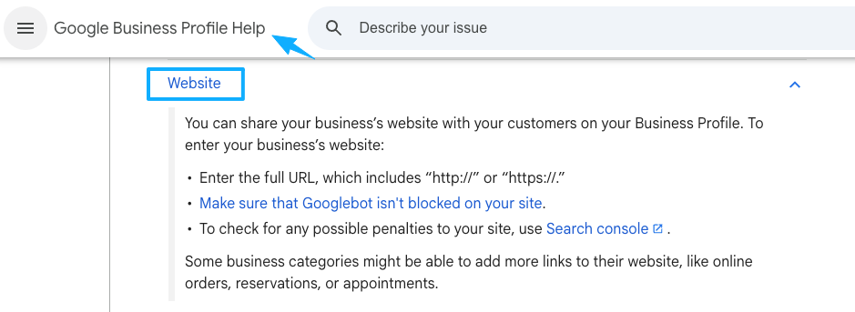 Google Business Profile Help showing how to add a site URL built with reliable squarespace alternatives for local SEO.