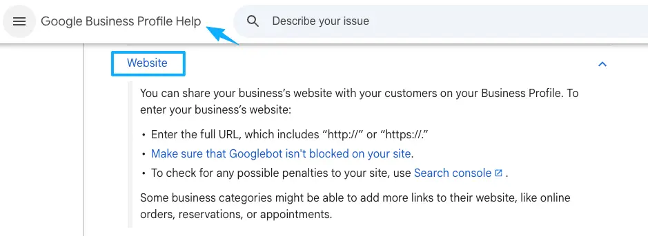 Google Business Profile Help showing how to add a site URL built with reliable squarespace alternatives for local SEO.