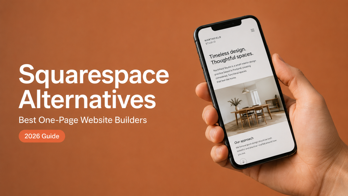 A person holding a phone displaying a 2026 guide on the best squarespace alternatives for one-page website builders.