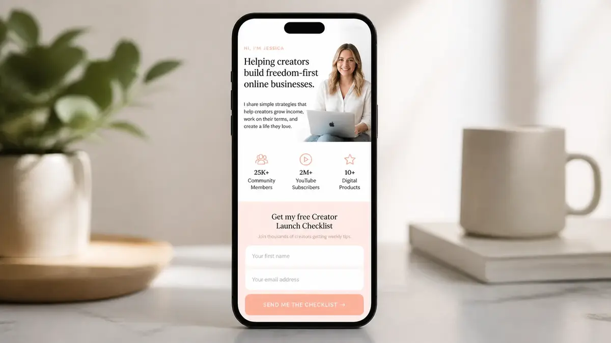 A creator landing page featuring a beautifully designed lead form template to offer free digital downloads to users.